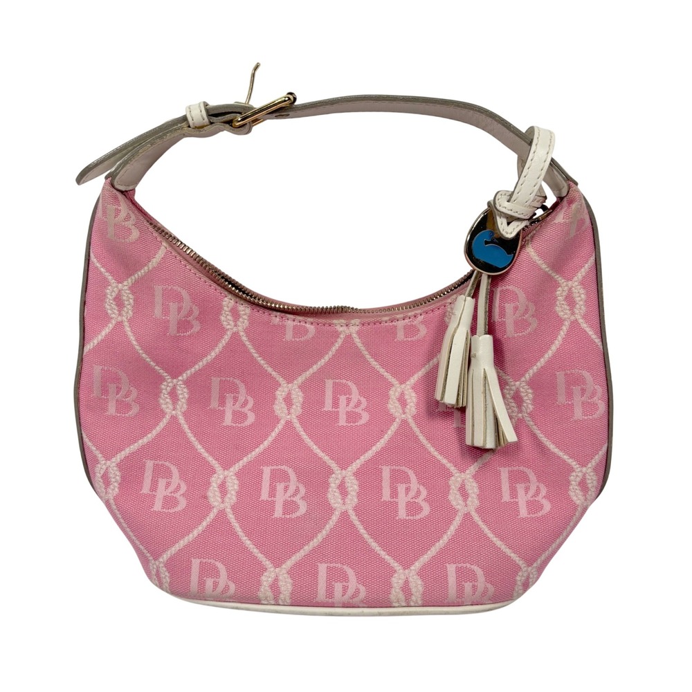 Y2K VTG Dooney & Bourke Women Small Shoulder Bag Pink Monogram Tassel Canvas